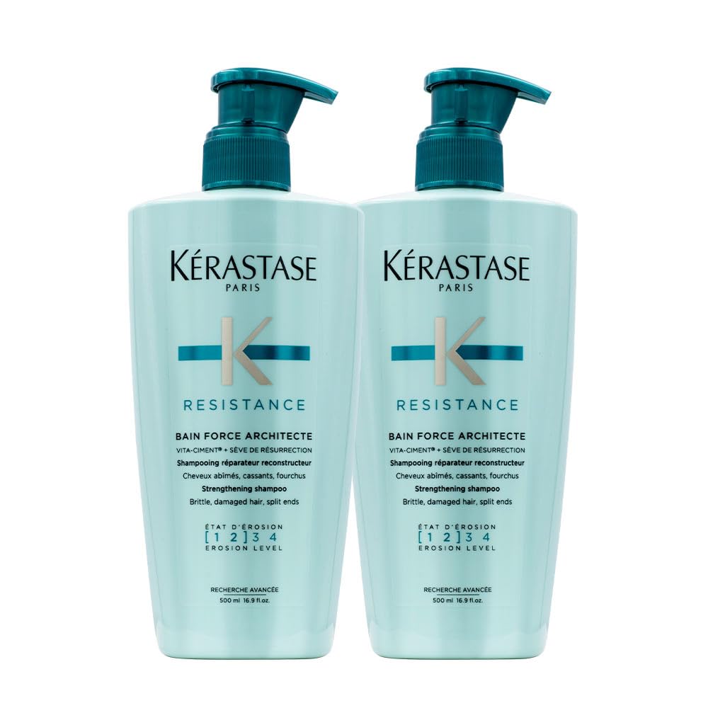 Kérastase szampon do włosów zniszczonych i zniszczonych, regenerująca i wzmacniająca, Bain Force Architecte, Résistance, 2 x 500 ml