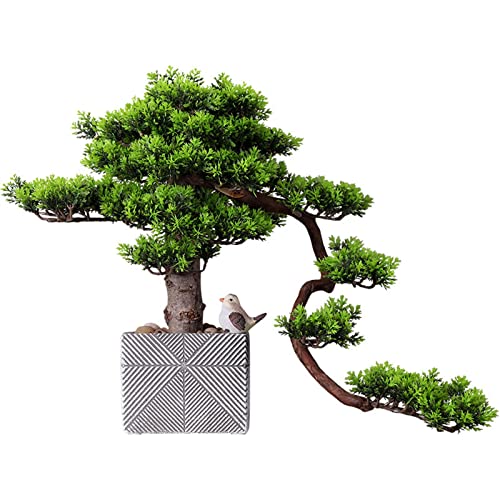Árbol bonsái artificial artificial para interiores, grande, verde, simulación de bienvenida, árbol bonsái de pino para sala de estar, decoración de escritorio, árbol falso de 18.9 pulgadas, planta