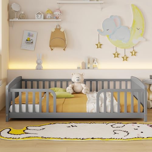 Image of Bellemave Full Size Montessori Floor Bed Frame with High Fence, Solid Wood Kids Floor Bed with Central Entrance, Low Profile Bed for Boys & Girls, Rounded Corner Design,Gray