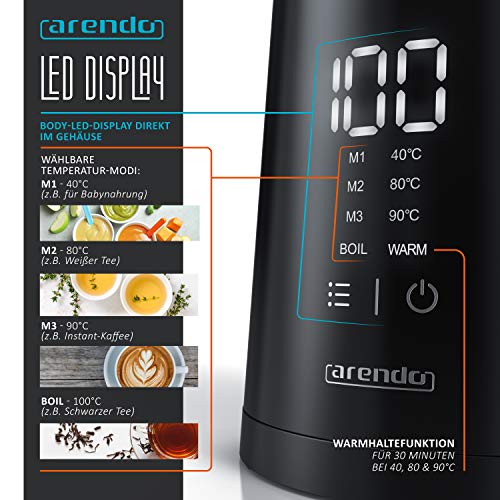 Arendo - Edelstahl Wasserkocher mit Temperatureinstellung - Display im Gehäuse - 1,5L - Version mit 2200 W… – Bild 3