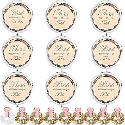 iematoz Pack of 9 Compact Pocket Makeup Mirrors Set Include 1 Bride Tobe Mirror 8 Bride Tribe Mirror and 9 Pack Hair Ties for Bachelorette Party Bridesmaid Proposal Gifts.(Champagne) Cover