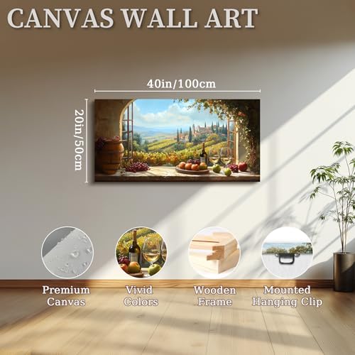 crmotu Faux Window Large Wall Art, Italian Wine Country Landscape Art Prints, Vineyard Picture Kitchen Wall Decor, Sunlit Rustic Grape Fields Paintings for Dining Room Hallway Basement 20x40 Inch