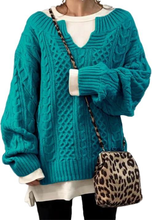 Women's Winter Chunky V Neck Long Sleeve Solid Color Loose Oversized Cable Knit Sweater Pullover