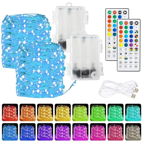 Dazzle Bright Color Changing Fairy Lights Battery Operated, 2 Pack Total 40FT 120LED Silver Copper Wire RGB String Light - Detailed View