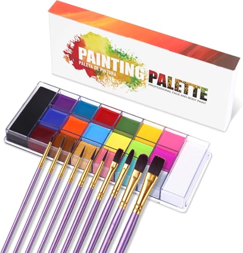Beauty Searcher Juego de paleta de maquillaje, 20 colores de pintura corporal facial y 10 piezas de cepillo de maquillaje, paleta de pintura al óleo profesional con juego de brochas de maquillaje