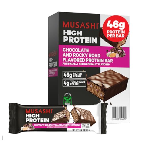 MUSASHI High Protein Bar, 45g Protein, 2g Total Sugars, Rocky Road, Post Workout and Protein Snack On The Go, 12 Pack of 3.2oz (90g) Bars