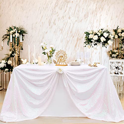 Image of B-COOL Sequin Tablecloth White Iridescent Table Overlay Rainbow Table Cloths 90x132inch Seamless Tablecloth Sparkly Wedding Party Decorations