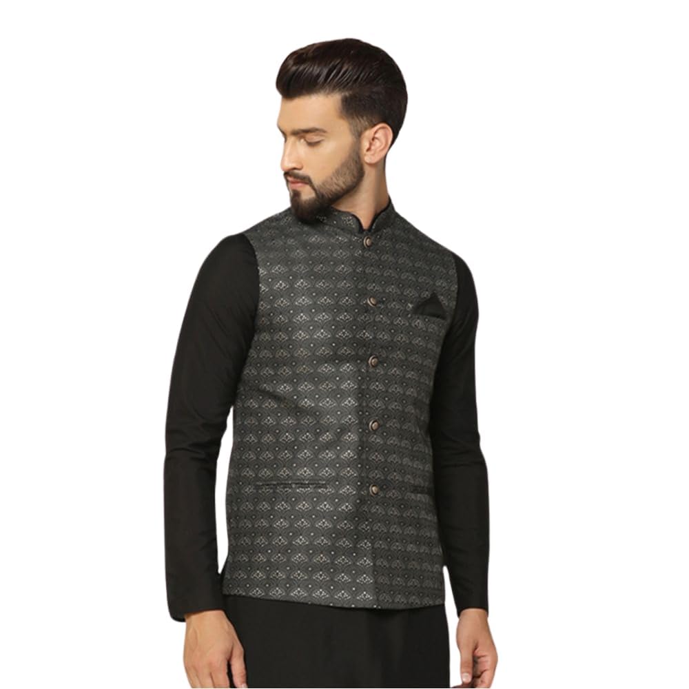 kisah Men's Nehru Jacket, Black Silk Blend, Woven Design Sleeveless Regular Fit Mandarin Collar-picture-33