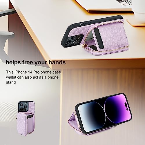 Image of LUCKYCOIN Crossbody Wallet Case for iPhone 14 Pro,RFID Blocking Leather Zipper Handbag Purse Flip Cover,Folio Case with Card Holder 6.1 in Purple