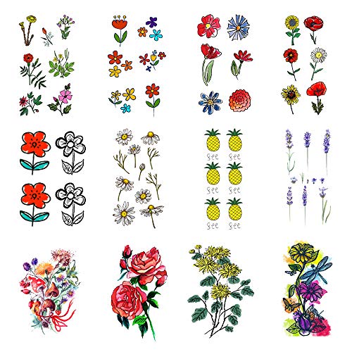 SanerLian Dandelion Lotus Flowers Temporary Tattoo Sticker Rose Sunflowers Watercolor Waterproof Women Girls Hand Arm Chest Back Body Art 10.5X6cm Set of 12 (Design4)