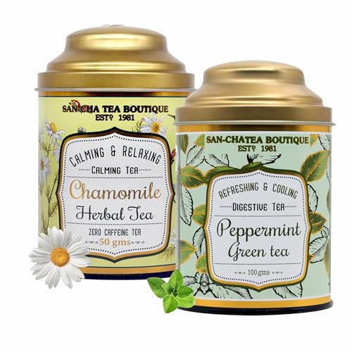 Image of Sancha Tea Boutique, Tea Combo Pack, Chamomile Herbal Tea (50g) & Peppermint Green (100g), Loose Leaf Blends, Caffeine Free Herbal Tisane & Refreshing Calming Drinks