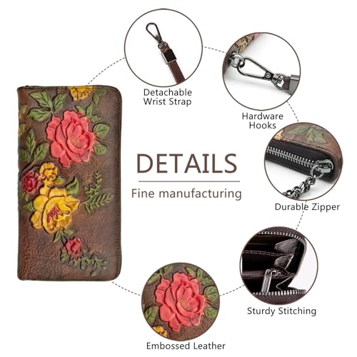 Image of Wallet Genuine Leather for Women - with RFID Blocking Card checkbook ID Slot Large Capacity Vintage style (rose coffee)