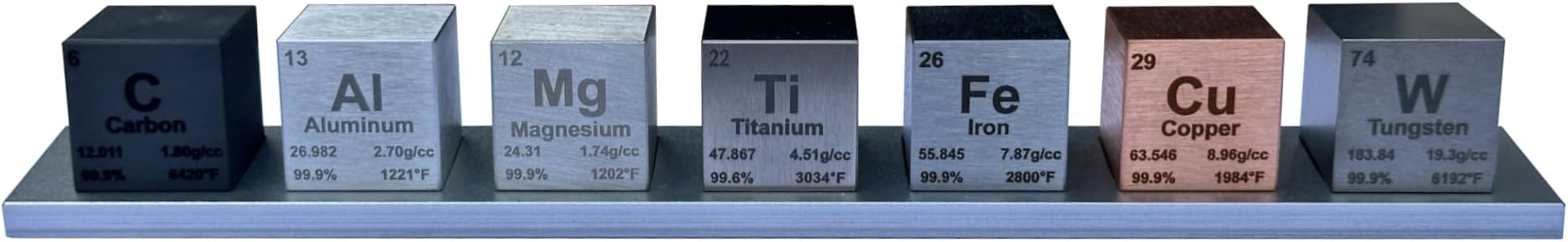 1" Element Cube Set – 7 Pure Metal Density Cubes with Engraved Atomic Data – Precision Machined Science Specimens + Display Stand – Periodic Table Gift