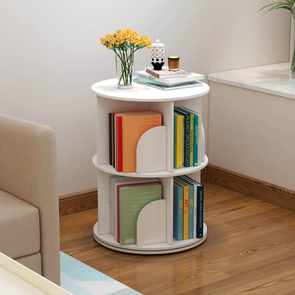 Brride Estantería redonda giratoria de 2 niveles, 360°, estantería de almacenamiento, color blanco, multifuncional para casa, salón, estudio, oficina (2 niveles)