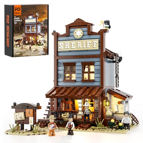 FUNWHOLE Sheriff’s-Office Lighting Building-Bricks Set – The Old West Sheriff’s Office LED Light Construction Building Model Set 1240 Pcs for Adults and Teen