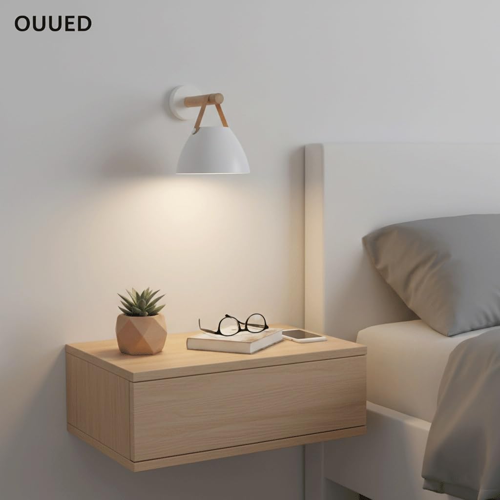 Kinkiet do sypialni, korytarza, wnętrza, nowoczesne drewno, lampa ze skórzanym paskiem, nordycki biały metalowy klosz, lampa nocna z podstawą E26/E27, minimalistyczny