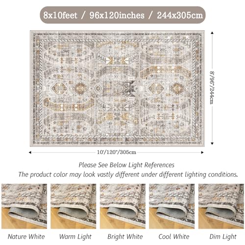 Madane Washable Rug 8x10 Area Rugs for Living Room, Ultra-Thin Non-Slip Backing Rug, Stain Resistant Vintage Large Area Rug for Bedroom (Brown/Gold, 8'x10')
