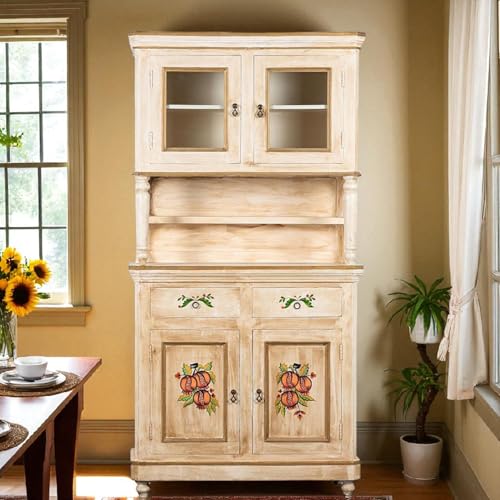 Image of APRODZ Wooden Handpainted Crockery Display Sideboard Storage Cabinet for Home (Cream & Natural Finish)