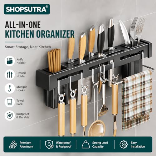 Image of Wall Mounted Knife Holder Rack with Hooks and Utensil Cups, Stainless Steel, Black, 40 cm
