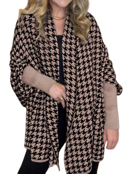 CHICME Houndstooth Ponchos for Women 2025 Open Front Knit Sweater Cardigan Batwing Oversized Sweater Coat