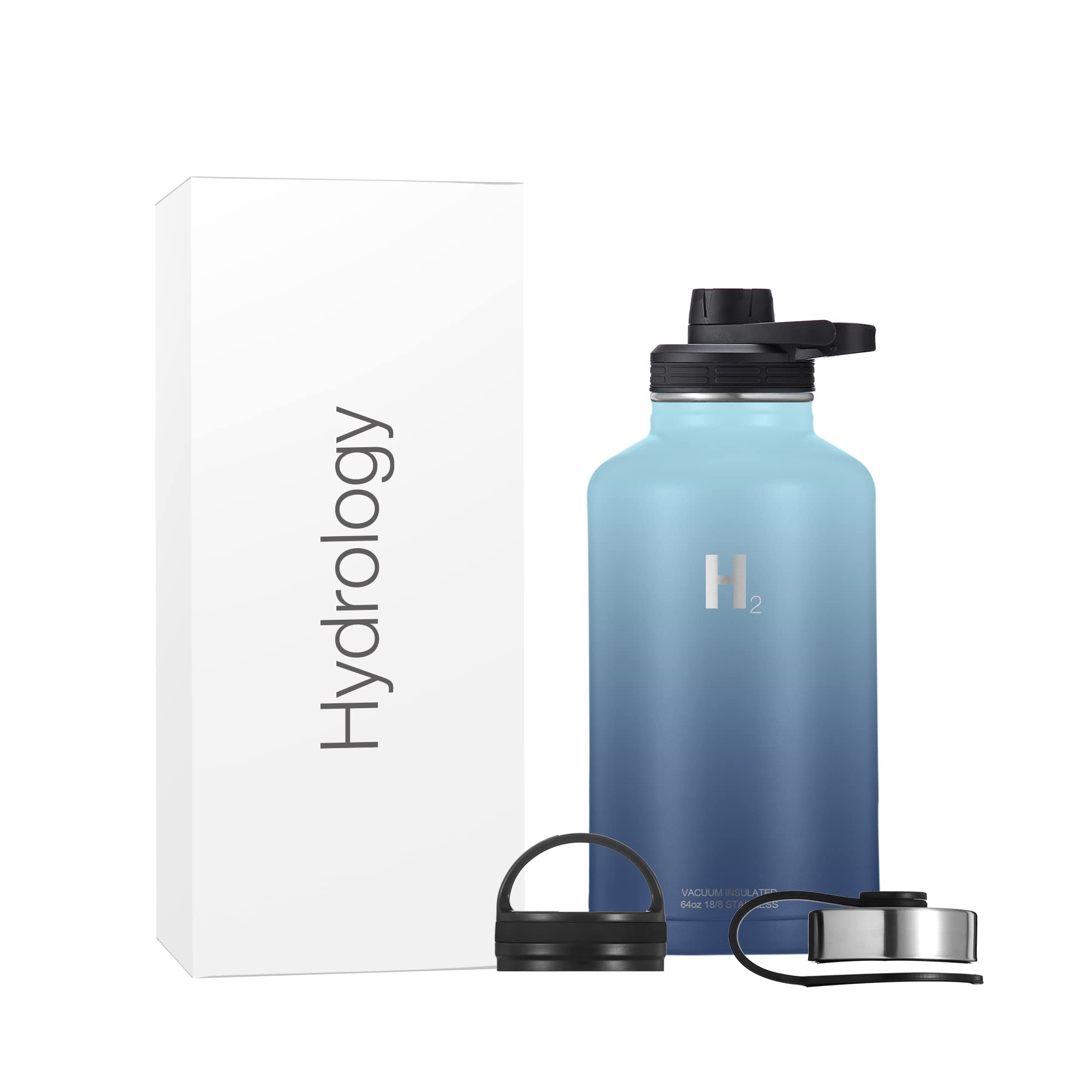 H2 Hydrology Sport Water Bottle 3 LIDS (Straw Lid & Spout Lid) | Double Wall Vacuum Insulated Stainless Steel Wide Mouth | Sports Hot & Cold Leak Proof Sweat Free Thermos (64 oz, Cool Water)