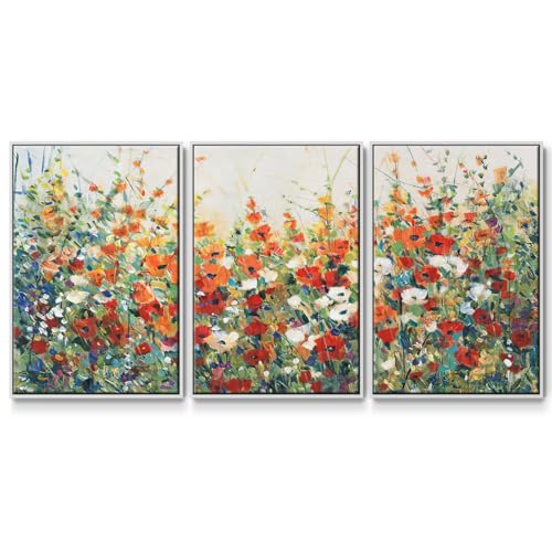 Renditions Gallery Floral Wall Art Garden in Bloom Colorful Flowers Painting Modern Abstract Artwork Canvas Prints Wall Decor for Living Room and Bedroom-White Floater Frame-16”x24”x3 Panels, LS015