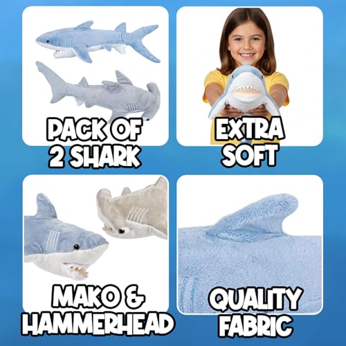 Image of Bedwina Stuffed Animal Sharks - Pack of 2 Extra-Large, 20 inch Mako & Hammerhead Plush Shark Toys, Stuff Animals Toy, for Baby Toddlers & Kids