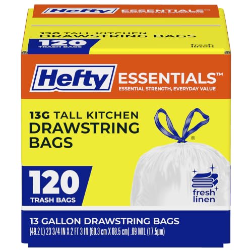 Image of Hefty Essentials 13 Gallon Kitchen Trash Bags, 120 Count, Fresh Linen Scent | Tall Trash Bags for Kitchens, Home Offices, or Laundry Rooms, Drawstring Closure, Easy to Tie, Lift, and Carry, White