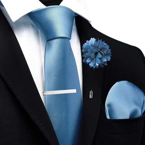 Image of Branduce 3.15 inch(8cm) Solid Formal Tie and Pocket Square Plain Necktie Lapel Pin and Tie Clip Set for Men