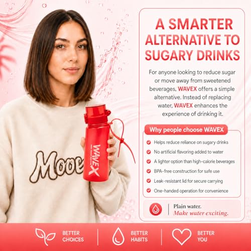 Image of WAVEX Scented Water Bottle, Includes 3 Honey Peach Aroma Scent Pods, Flip Top Leak-Proof Lid, Straw & Carry Strap Included, Subtle Flavor Experience, No Sugar or Calories, (550ml, Crimson Wave Red)