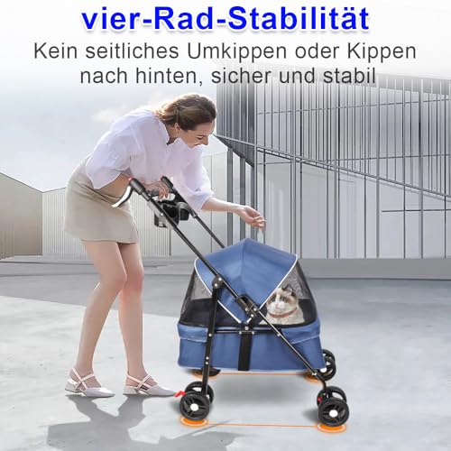 Homewell Klappbarer Haustierwagen mit Getränkehalter, Hundewagen & Katzenwagen, Leicht & Bequem mit Sicherheitsgurt, Atmungsaktiv, Stauraum, bis 20kg (Blau)