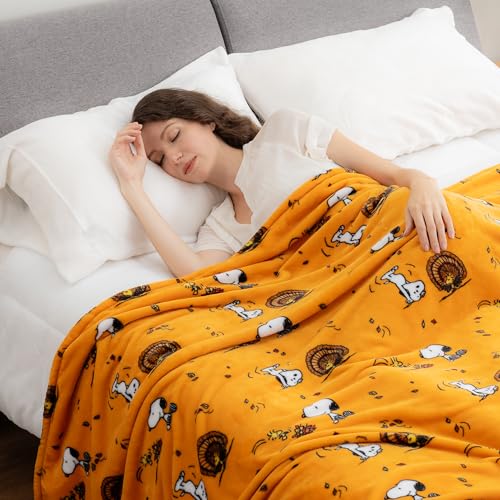 Image of Berkshire Blanket Peanuts VelvetLoft Cute Character Snoopy Plush Blanket,Snoopy and Woodstock Fall Birds & Leafs Orange,King 90 in x 108 in (Official Peanuts Product)