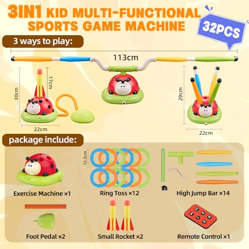 3 in 1 Multi-Functional Game Sports Machine, Kid Ladybug Fitness Machine Toy, Indoor Outdoor Child Training Equipment, Contains Rocket Launcher, Rotating Ring Toss, Rotating Musical Jump High Game - Image 3