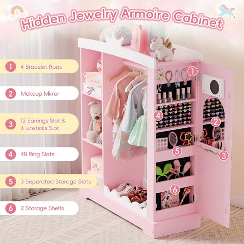 Xilingol-Kids-Armoire-with-Jewelry-Cabinet-Dress-up-Storage-with-Mirror-and-Shelves-Princess-Dress-Closet-and-Costumes-Wardrobe-Closet-Costume-Organizer-for-Bedroom-Kids-Room-Girls-Pink Xilingol Kids Armoire with Jewelry Cabinet Dress up Storage with Mirror and Shelves Princess Dress Closet and Costumes Wardrobe Closet Costume Organizer for Bedroom Kids Room Girls Pink