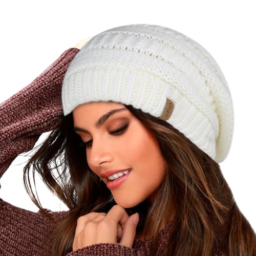 FURTALK Damen Beanie Mütze Warme Wintermütze mit Weichem Innenfutter Gefütterte Strickmütze,Weiß,Einheitsgröße