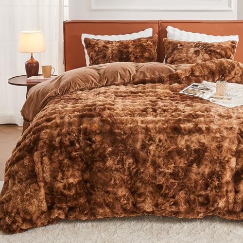 EMME Faux Fur Duvet Cover Queen Size, 3 Pieces Ultra Soft Fluffy Comforter Cover, Cozy Warm for Winter, Luxury Shaggy Bubble Design Bedding, 1 Duvet Cover & 2 Pillow Shams (Queen, Tie Dye Brown)