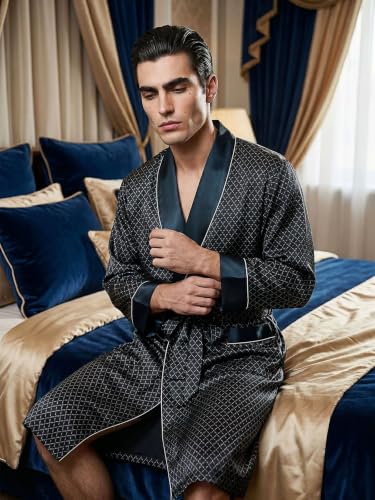Image of Men's 100% Mulberry Silk Long Robe Kimono Paisley Print Bath Robe, Heavy Silk 19 Momme Dressing Gown