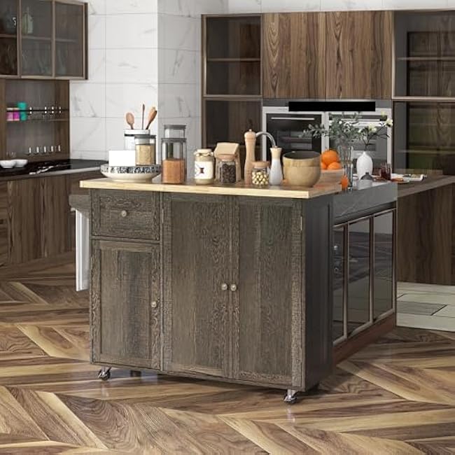 Triple-Cabinet Rolling Kitchen Island on Wheels, Kitchen Cart with Storage Shelf Adjustment, Rolling Utility Cart with Wood Top, Towel Rack,for use in Restaurants-Y4zaeRbw