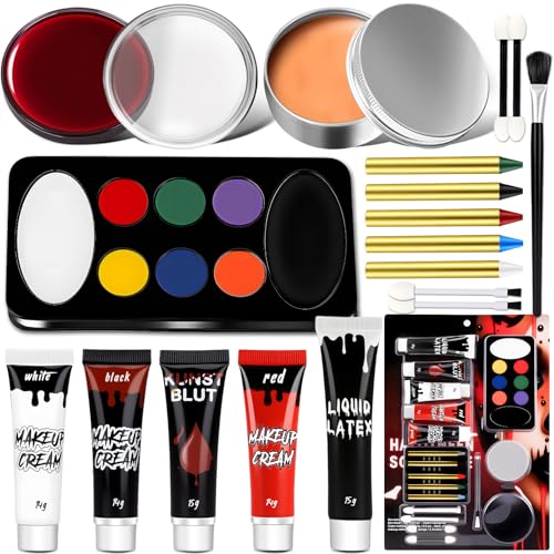 Maquilhagem Halloween pintura rosto crianças adulto - com sangue falso, látex líquido maquilhagem, pintura facial e cera para ciclizes, kit maquilhagem de Halloween profissional maquilhagem para