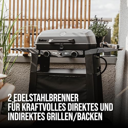 Enders Urban Pro II Trolley, Tischgrill mit Trolley, Grillen-, Kochen-und Backen Funktion, 2 Brenner Edelstahl, mit Grill-Thermometer, Balkon-, Camping-Grill, Aluguss-Gehäuse, Gusseisen-Rost #206272