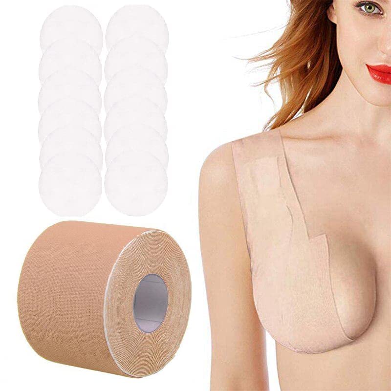 Boob Tape Nipple Pasties Multipurpose Nipple Tape Women Push Up Lifting Body Tape for Women Breast Tape Breast Lift Bra Tape Bob Tape for Breast Lift Tape 5 Meter with 10 Cotton Nipal Pad-image-1