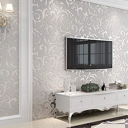 Retro Wallpaper, Wallpaper Cream and Sparkle Waterproof 3D Embossed Wallpaper Roll Glitter Effect 10M Living Room, Leaf Pattern Glitter Wallpaper Grey Wallpaper Bedroom