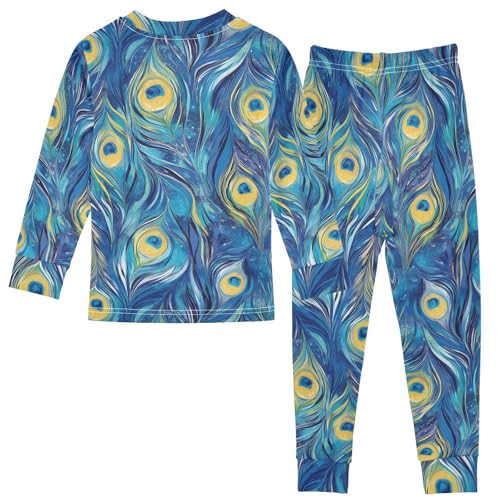 Fustylead Painted Style Peacock Feather Cotton Pajamas Long Sleeve Sleepwear Lounge Set2
