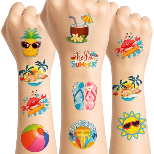 Patelai 144 Pieces Summer Temporary Tattoos Beach Tattoos Hawaiian Luau Party Favors Tropical Waterproof Stickers Hello Summer for Beach Pool Party Decoration Supplies 9 Styles