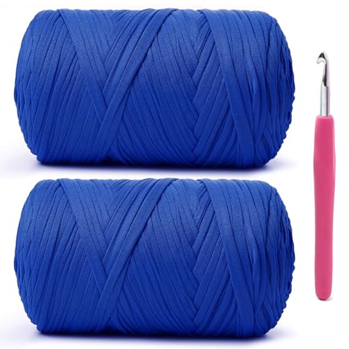 Image of 2 Pack Soft Tshirt Crochet Yarn, 800g /228yds High Elastic Hand Knitting Yarns, Thick T Shirt Yarn for Crocheting Bags, Baskets, Cushions, DIY Crafts(2 Royal Blue)