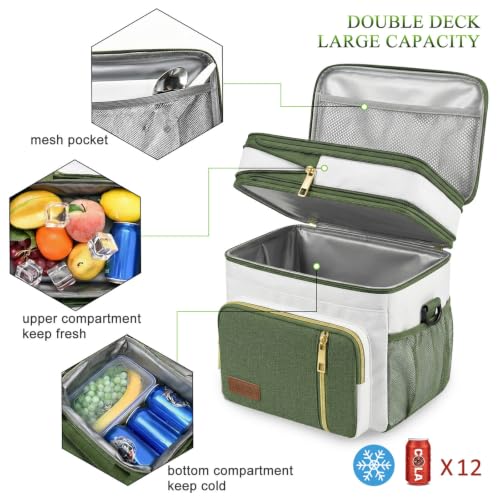 Image of MIYCOO Lunch Bag & Lunch Box for Women Men - Double Deck Leakproof Insulated Soft Large Adult Camping Cooler Bag for Work, Beach, Picnic, Travel (Green White, 15L)