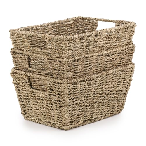 Woodluv Seagrass Woven Wicker Shelf Storage Basket Set, Display Gift Hampers, Set of 3 Handwoven Multi-Purpose Shelves Storage Baskets W/Handles for Bedroom & Home Office