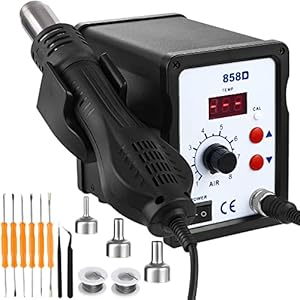 Faokze Heteluchtsoldeerstation, 700 W, soldeerstation met 3 mondstukken voor heteluchtföhn, 858D led digitale temperatuurweergave 100 ~ 480 °C, geleverd met 2 rollen tinnen draad en 2 pincetten.