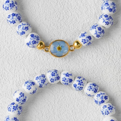 Moluonaqi Handmade Blue And White Porcelain Bead Bracelet With Pressed Forget-Me-Not Flower thumb #3