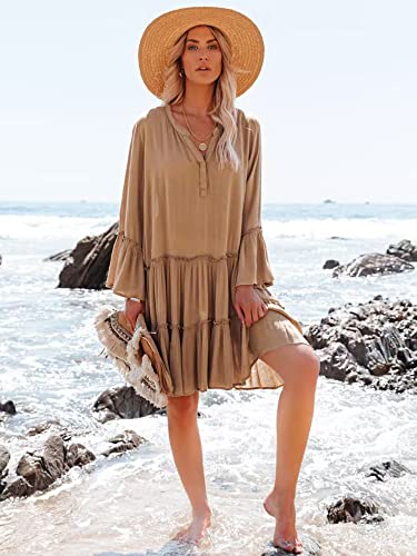 Women Summer Beach Dress Swimwear Button V Neck Loose Swimsuit Flowy Swing Shift Dresses2